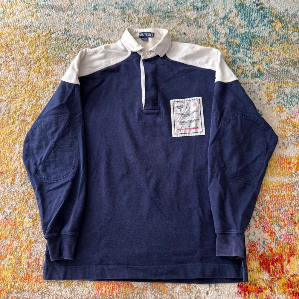 Vintage Nautica Long Sleeve Rugby Shirt Size M - Navy Blue & White Yachting